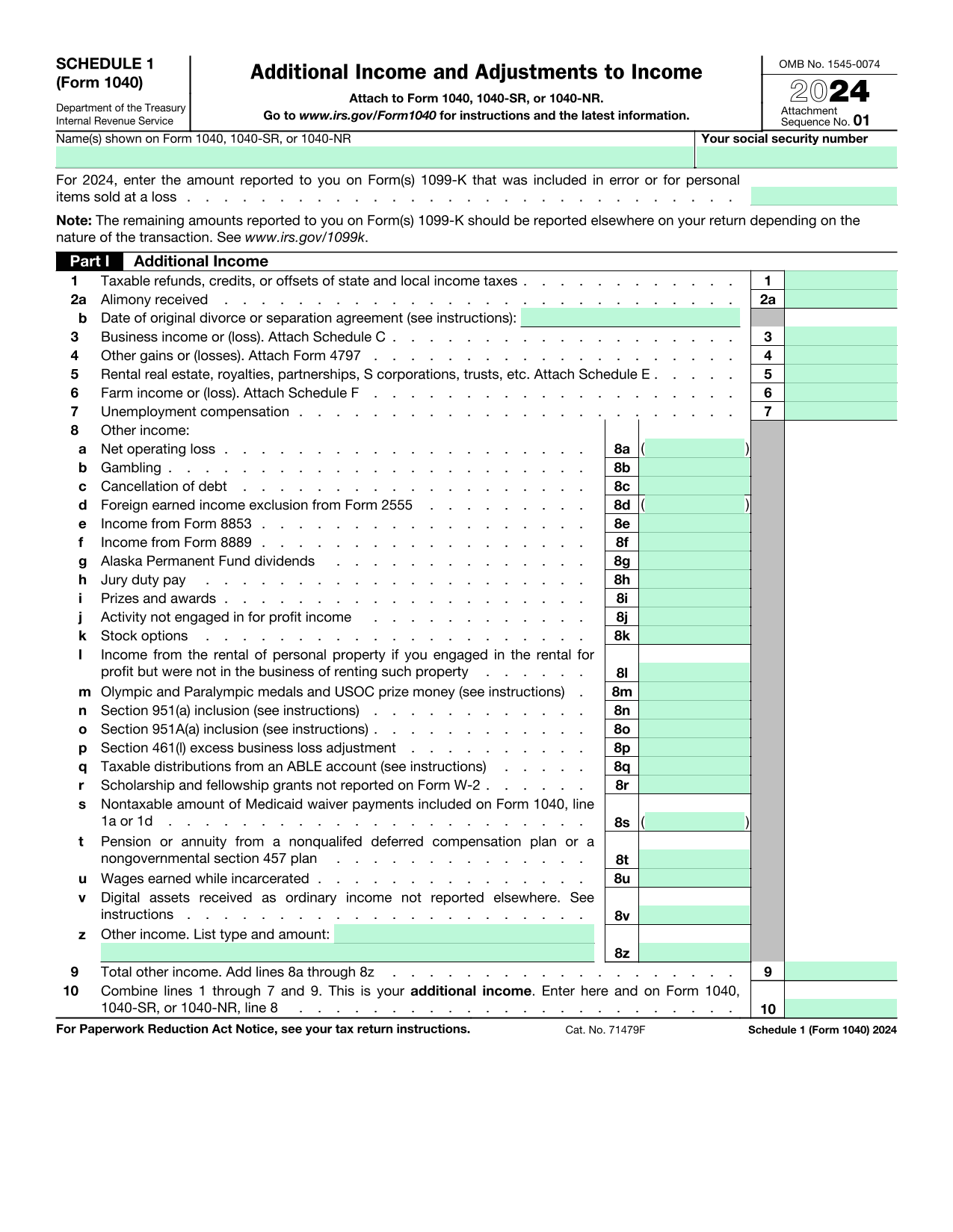 Schedule 1 Additional Income Adjustments To Income (Form 1040) screenshot